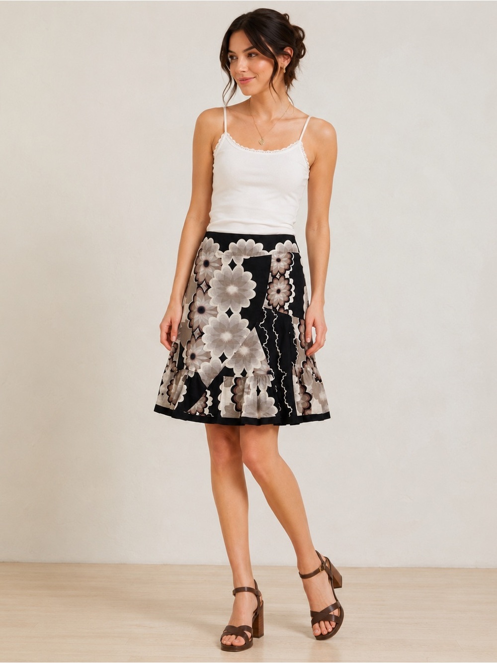 Odille Anthropologie Floral Cotton Skirt Size 8 Lace Trim Lined Boho Y2K